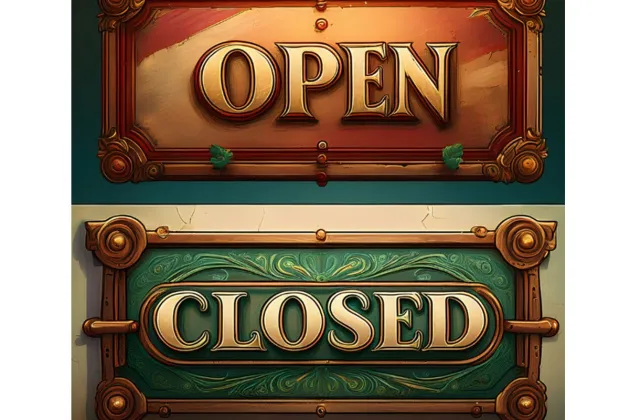 En skylt med texten "Open" och en skylt med texten "Closed". Ai genererad bild med Adobe Express.